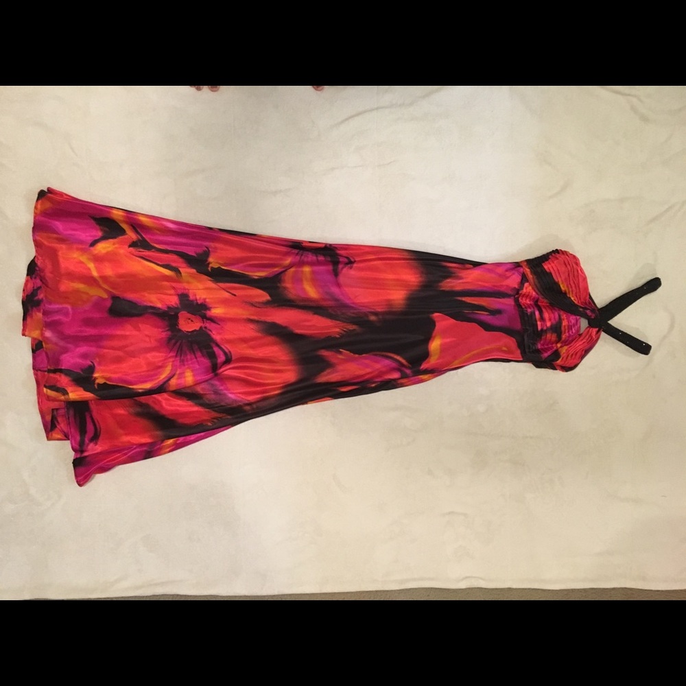 Red, pink, and black floral gown